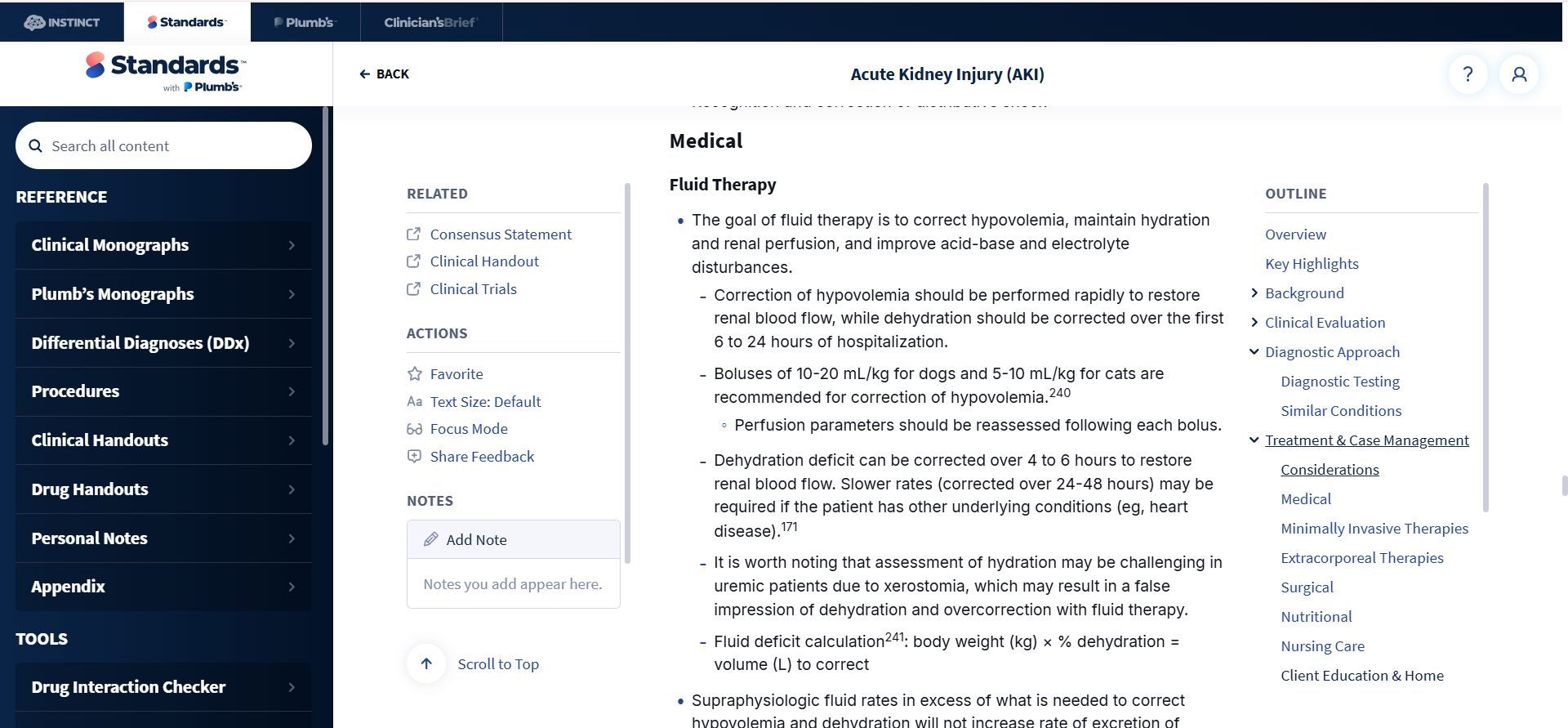 Standards of Care clinical monograph with veterinary treatment guidelines for acute kidney injury.