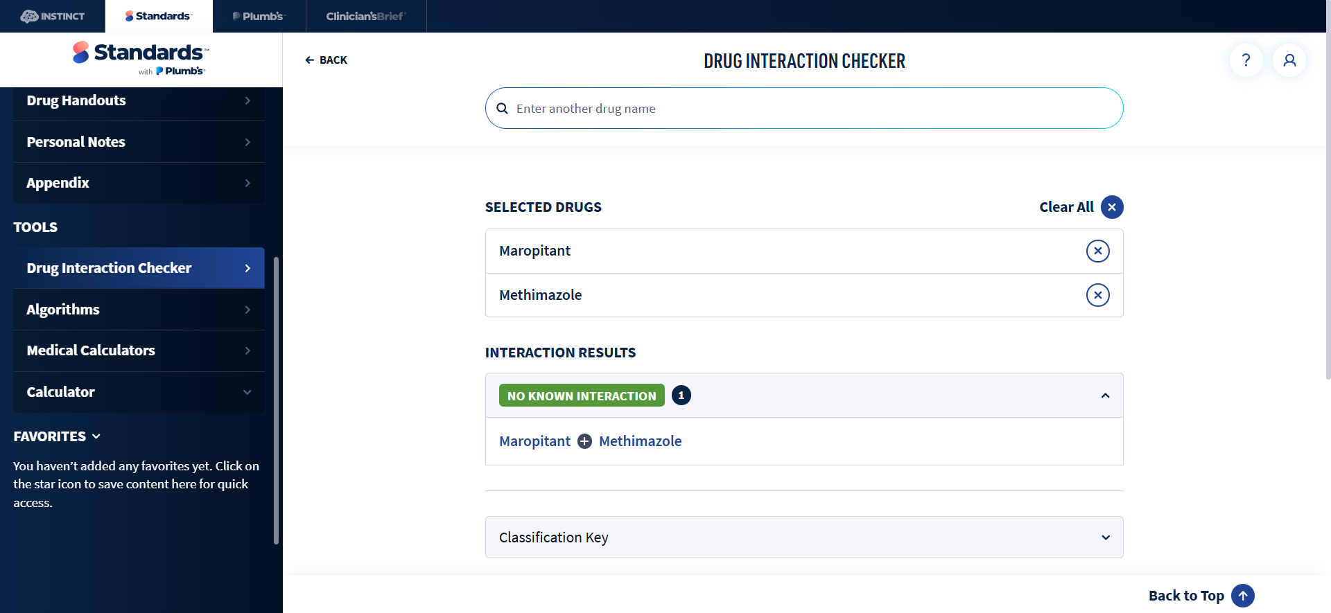 Plumb’s drug interaction checker in Standards of Care, with veterinary drug reference information for maropitant and methimazole.