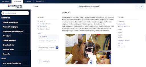 Standards veterinary procedure guide showing laryngeal exam visualization for laryngeal paralysis diagnosis.