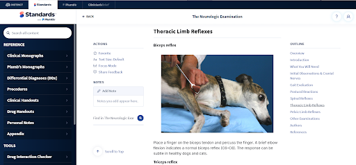 Standards veterinary procedure guide showing biceps reflex testing during a neurologic exam in a dog.
