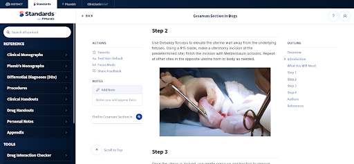 Standards veterinary procedure guide showing a surgical delivery step during cesarean section in a dog.