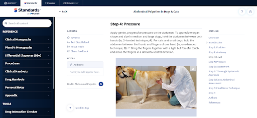Standards veterinary procedure guide showing abdominal pressure technique for palpation in a dog.