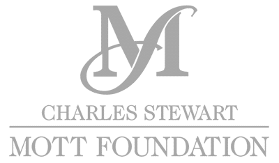 Logo of the Charles Stewart Mott Foundation, featuring a stylized "M" above the foundation's name in uppercase letters, emphasizing their commitment to youth entrepreneurship education.