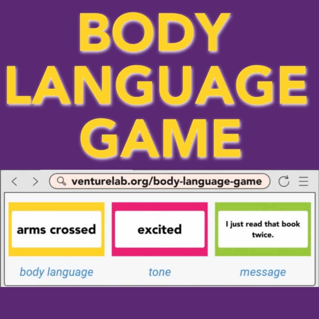 Screenshot of a webpage featuring the "Body Language Game," integrating elements of youth entrepreneurship education with options for body language, tone, and message: "arms crossed," "excited," and "I just read that book twice," respectively.