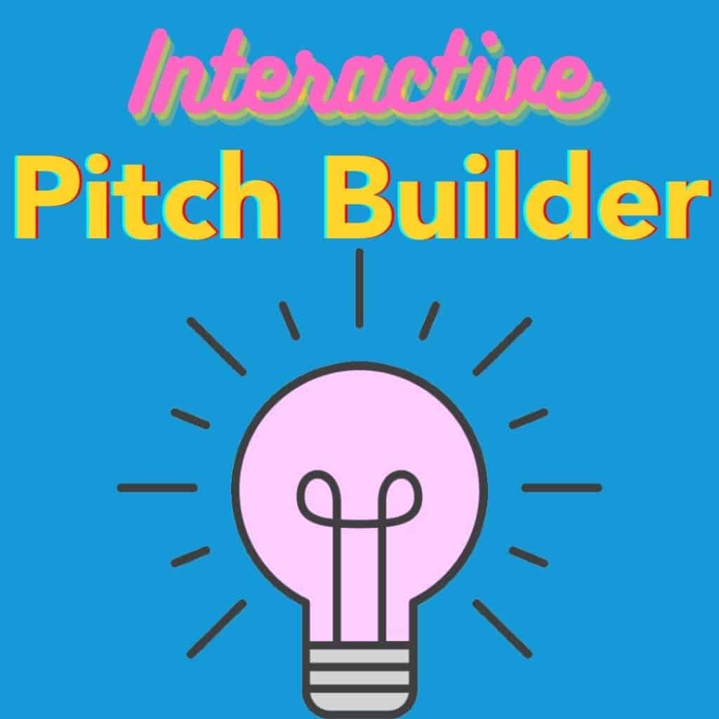 A graphic with the text "Interactive Pitch Builder" above a drawing of a lit lightbulb on a blue background, perfect for teaching entrepreneurship to youth.