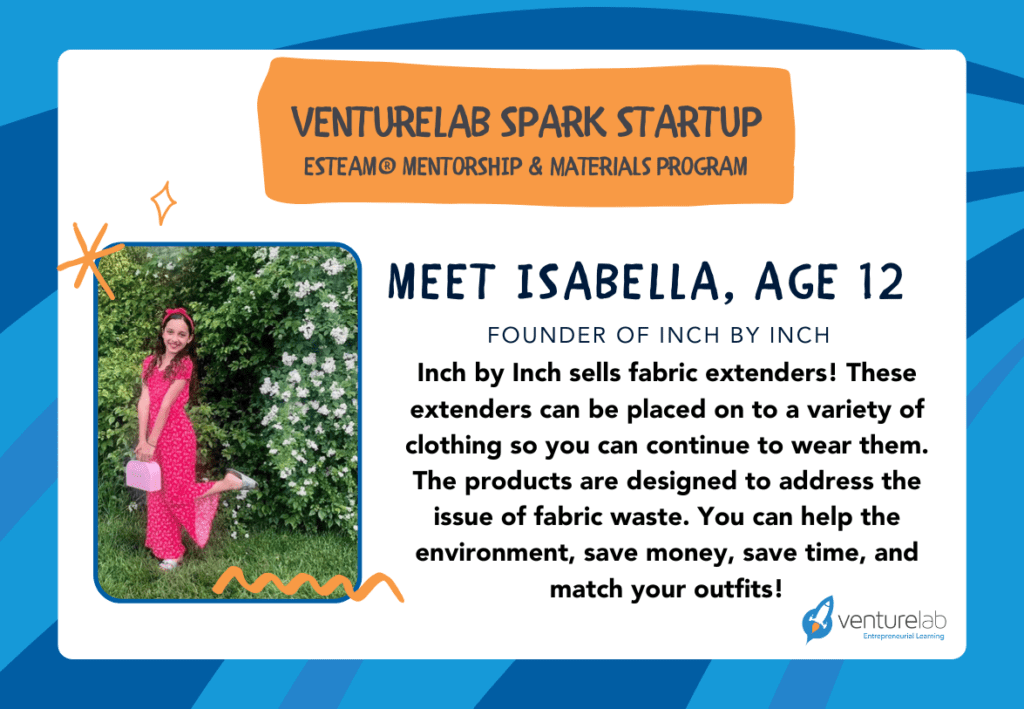Isabella, age 12, stands near the bushes in a red dress, holding a pink purse. As the founder of Inch by Inch, she addresses fabric waste and saves money with fabric extenders. Her success story is an inspiring example of youth entrepreneurship education in action.