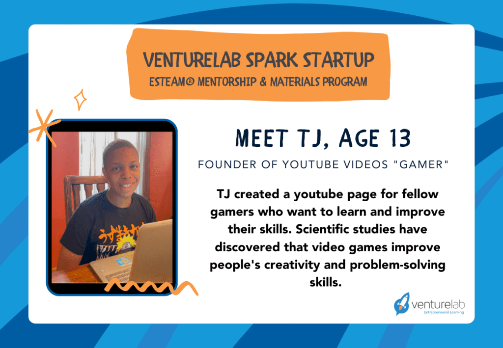 A young boy named TJ, wearing an orange shirt, smiles at the camera while using a laptop. The text highlights his mentorship program, YouTube channel focused on gaming, and the benefits of video games. Additionally, TJ incorporates elements of entrepreneurship education to inspire young minds.