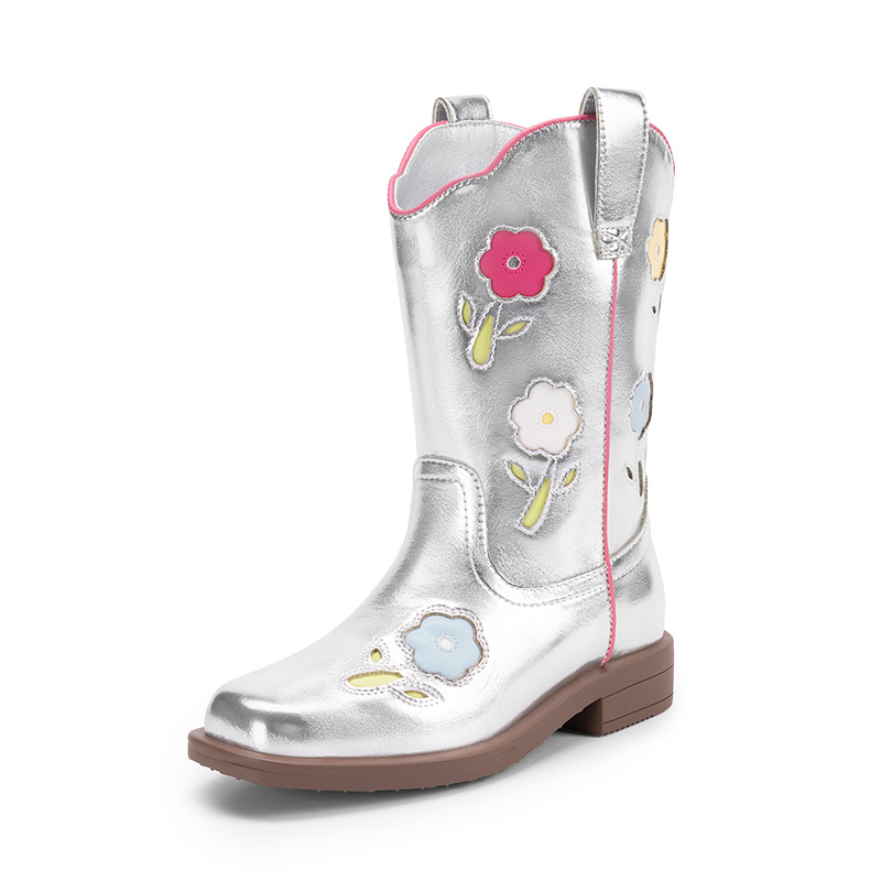 DREAM PAIRS Girls Durable Slip On Floral Western Boots