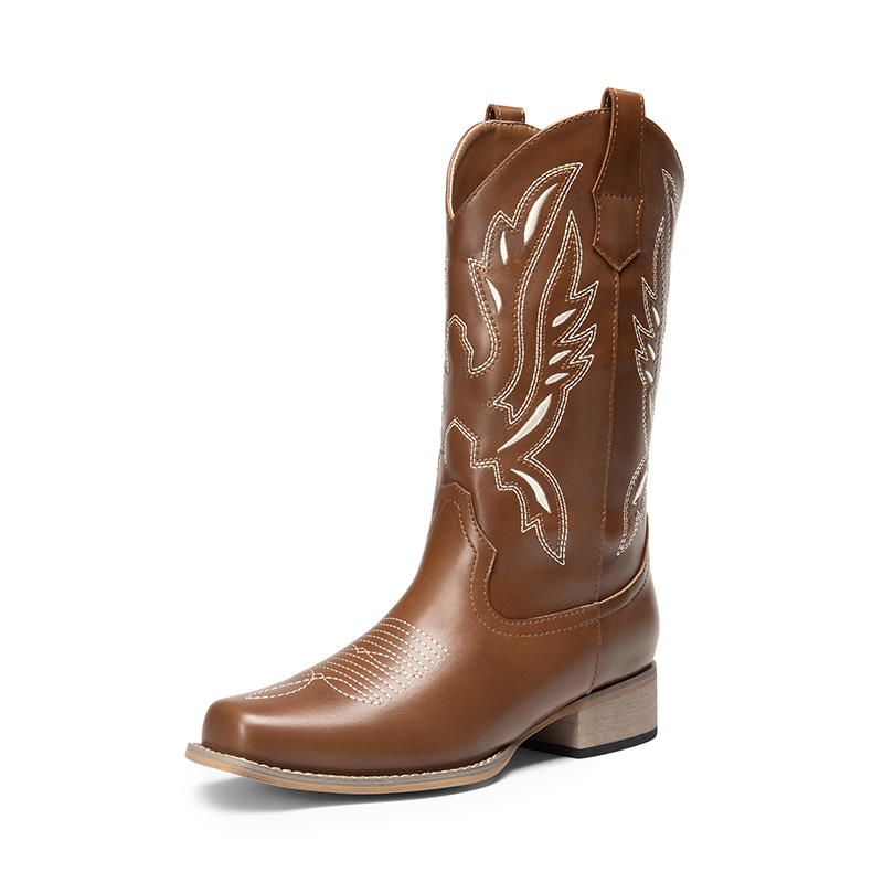 DREAM PAIRS  Square Toe Embroidered Cowboy Boots