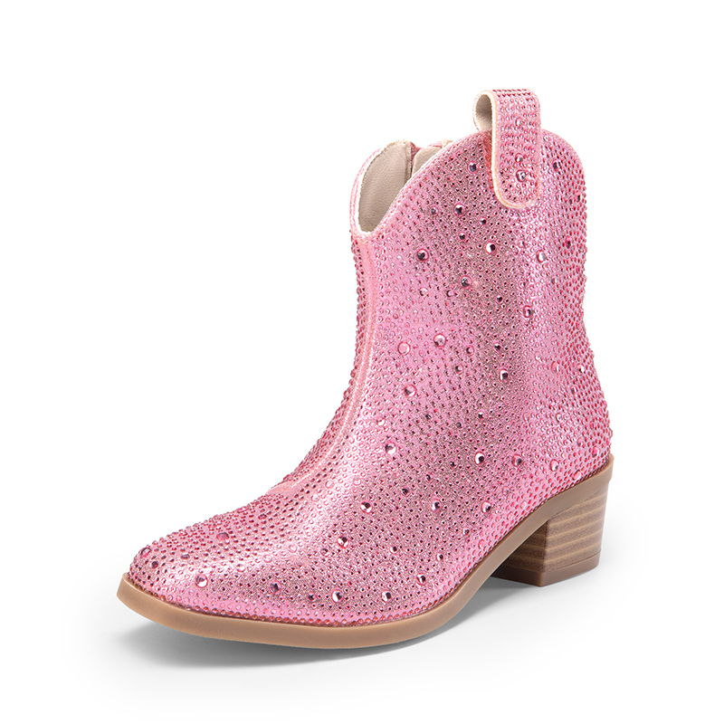 DREAM PAIRS Girls Rhinestone Square Toe Cowgirl Boots