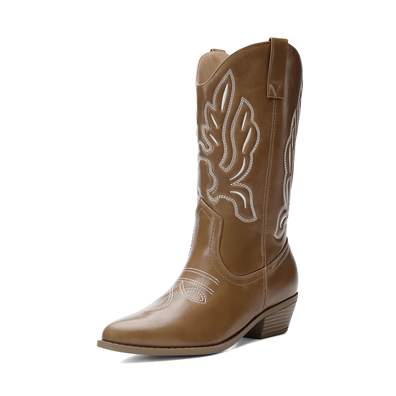 DREAM PAIRS Women   s Embroidered Pointed Toe Mid Calf Western Boots
