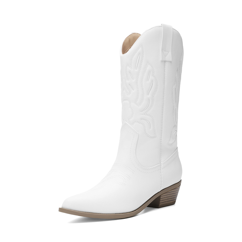 DREAM PAIRS Women   s Embroidered Pointed Toe Mid Calf Western Boots