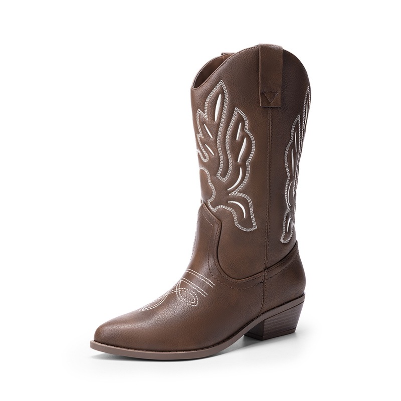 DREAM PAIRS Women   s Embroidered Pointed Toe Mid Calf Western Boots
