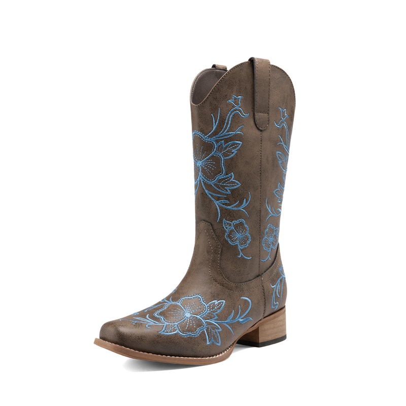 DREAM PAIRS Classic Comfy Square Toe Mid Calf Cowboy Boots
