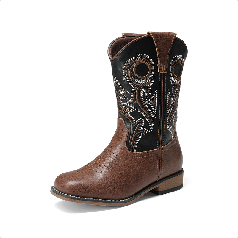 DREAM PAIRS Kids Embroidered Square Toe Cowboy Boots