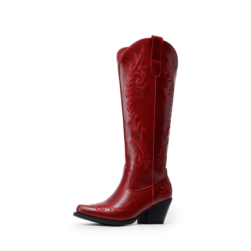 DREAM PAIRS Women   s Square Toe Block Heel Western Boots with Embroidery