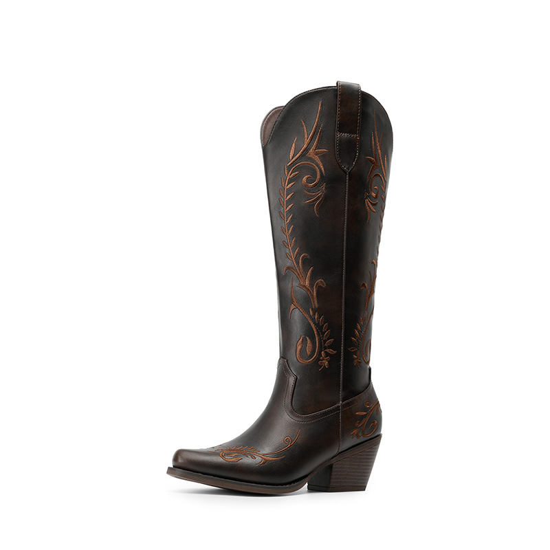 DREAM PAIRS Women   s Square Toe Block Heel Western Boots with Embroidery