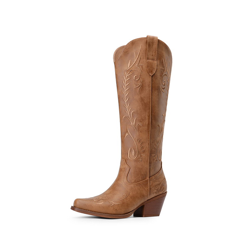 DREAM PAIRS Women   s Square Toe Block Heel Western Boots with Embroidery — view 1