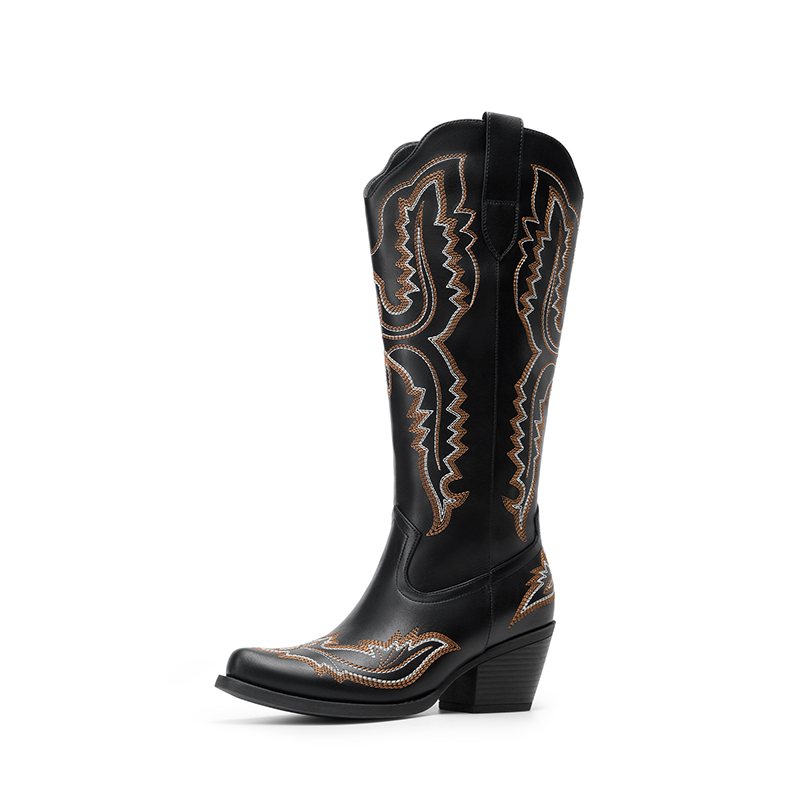 DREAM PAIRS Women   s Embroidered Square Toe Western Cowboy Boots with Zipper — view 1