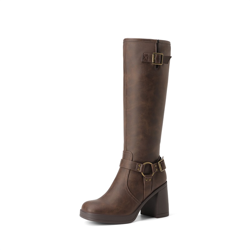 DREAM PAIRS Women's Moto Knee High Boots with Double Buckle Straps — view 1