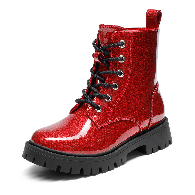 DREAM PAIRS Girls Patent Lace Up Lug Sole Ankle Boots