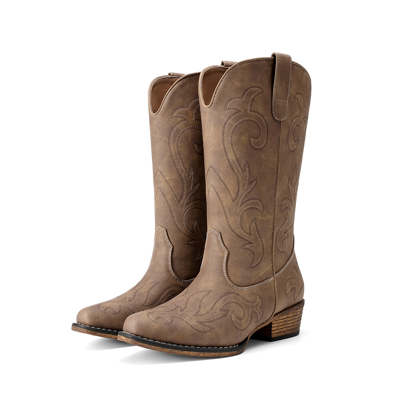 DREAM PAIRS Women s Wide Width Mid Calf Square Toe Cowgirl Boots