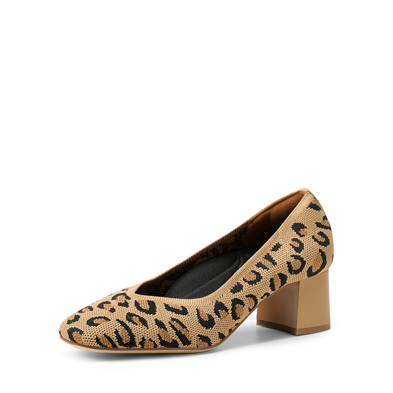 DREAM PAIRS Square Toe Block Heel Knit Pumps
