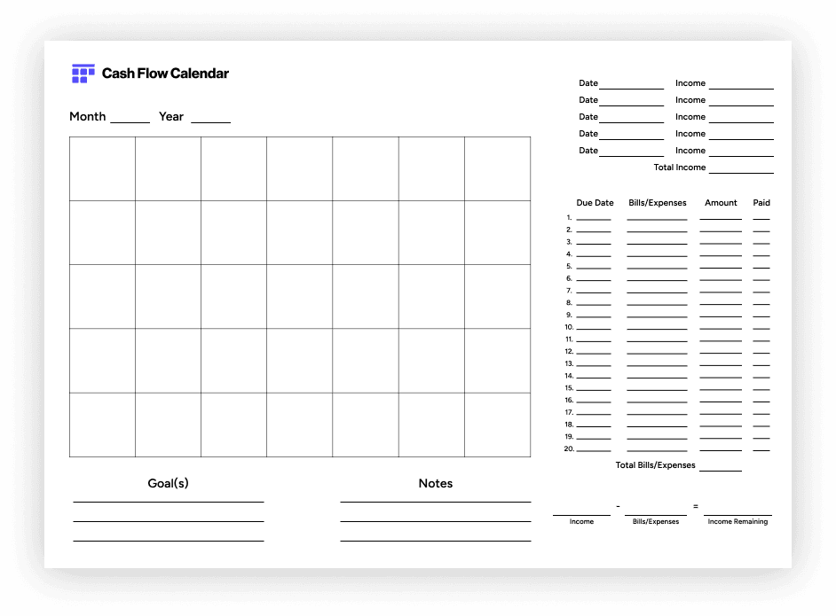 Minimalist free printable monthly budget calendar PDF with calendar grid, income tracker, and expense list to help plan bills, savings, and monthly finances.