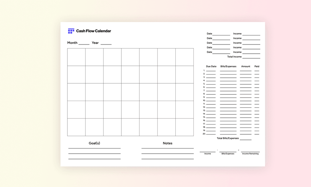 Minimalist free printable monthly budget calendar PDF with calendar grid, income tracker, and expense list to help plan bills, savings, and monthly finances.