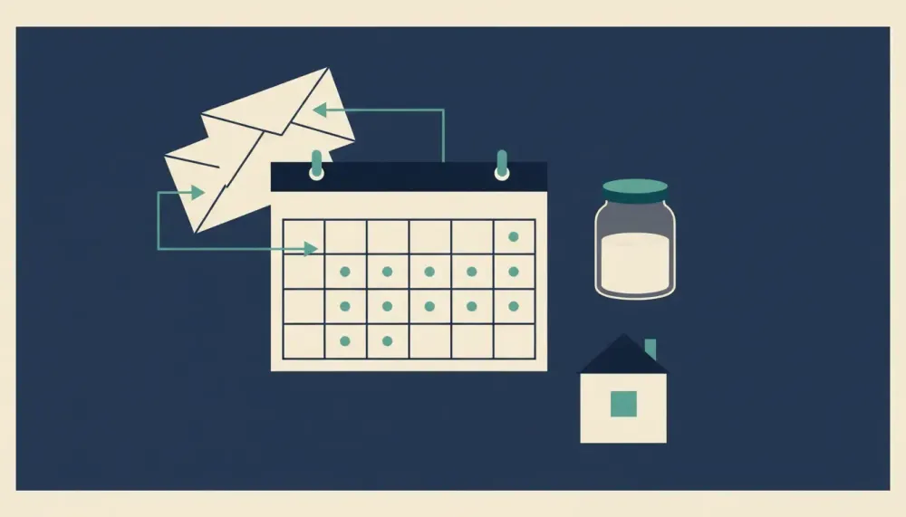 A month calendar shows weekly teal dots and arrows moving from envelopes to a small jar on a desk.