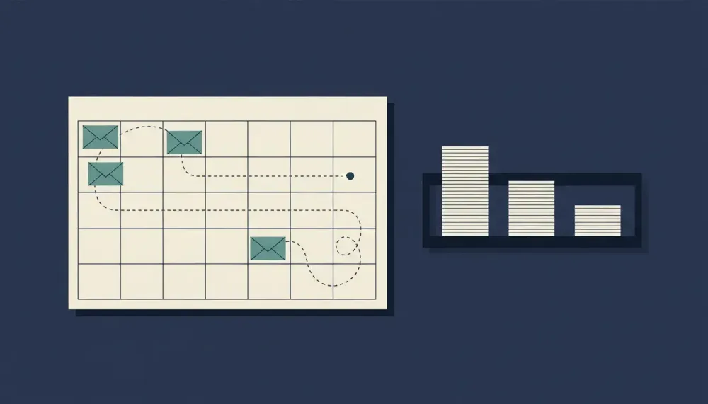 A desk with a blank month calendar as teal envelopes follow dotted paths to dates, beside three stacks of slips in a tray.