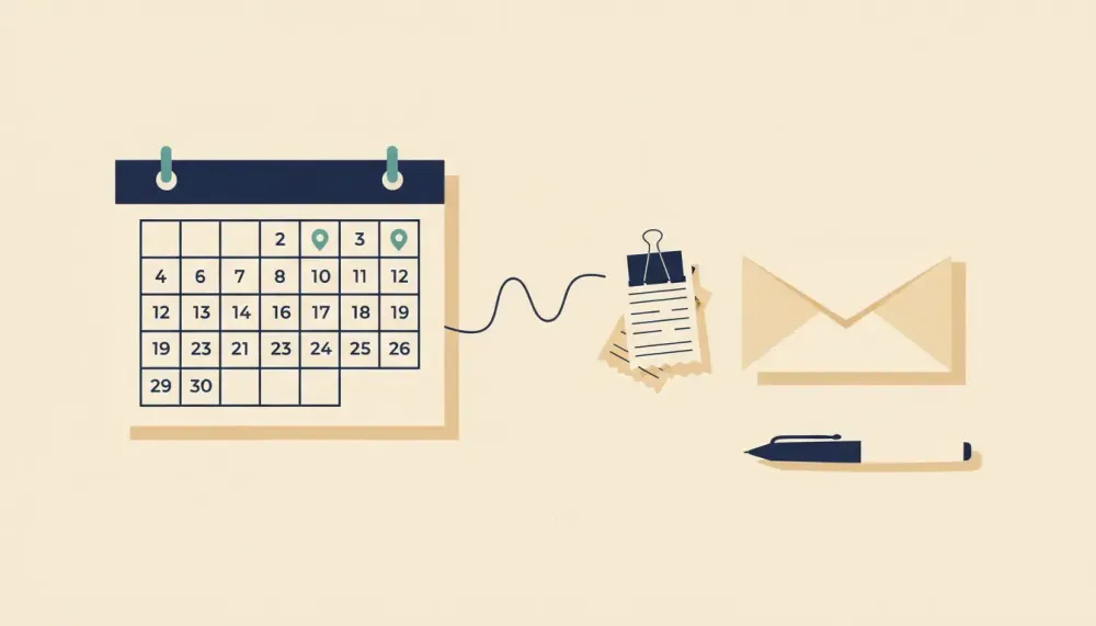 A desk with a month calendar showing three marked dates linked to stacked payment slips beside a plain envelope.