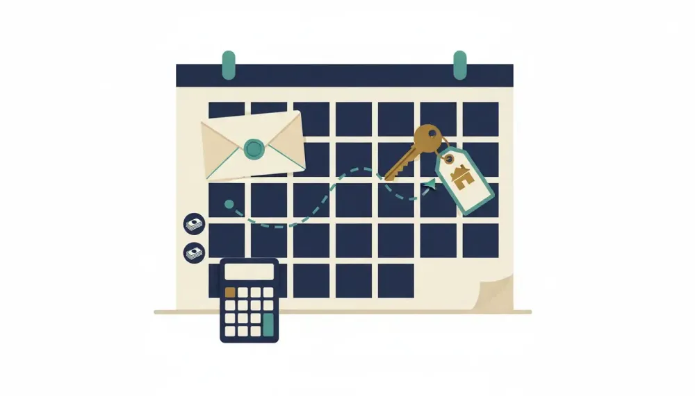 A calendar page shows an early envelope and a later house key linked by a dotted path on a calm desk.