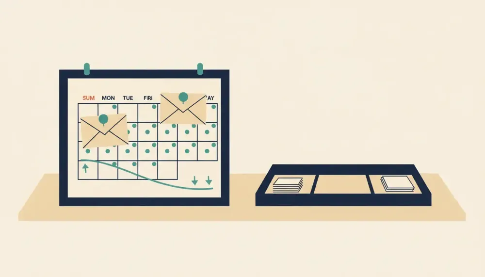 A desk with a monthly calendar, deposit dots on Tuesdays and Fridays, envelopes on early dates, and a projected balance line.