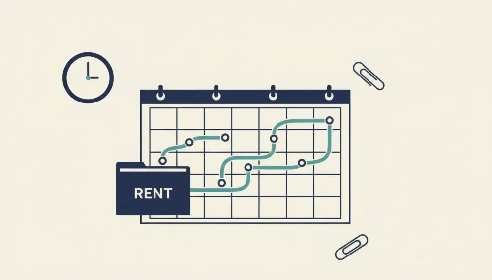 A desk with a blank monthly calendar, a rent envelope at the start, and teal markers tracing staggered deposits.