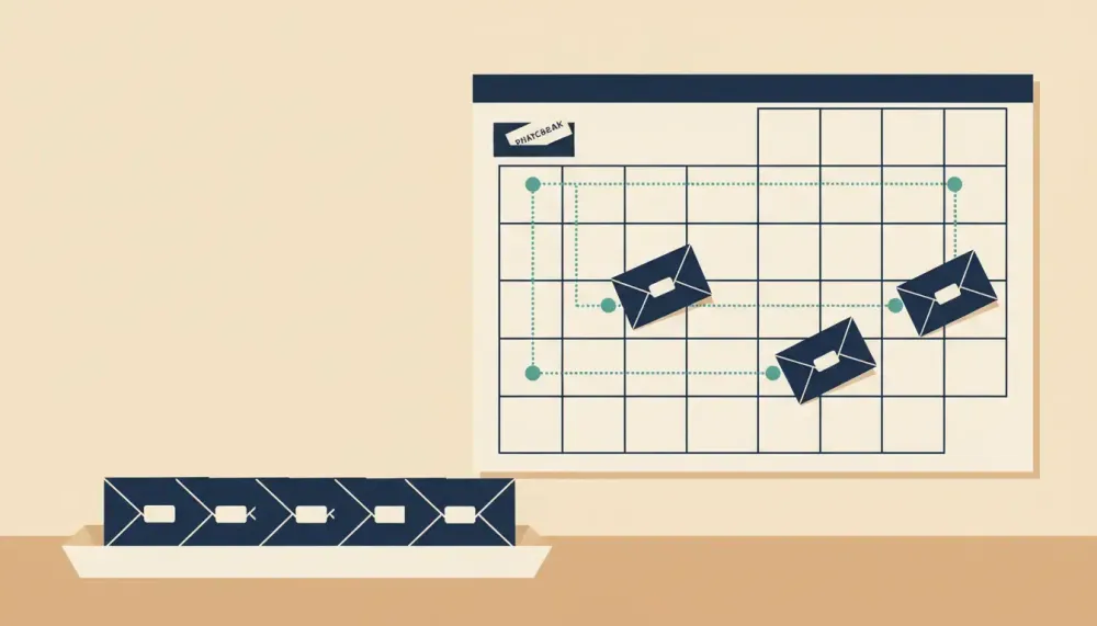 A desk with blank budget envelopes beside a calendar marked by a teal path from payday to upcoming bill envelopes.