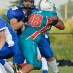 Stéphane Tanguay, No 68, blocking defensive end No 88 Lyon from the Pickering Dolphins, OVFL 2012. (Photo: Carol Williamson)