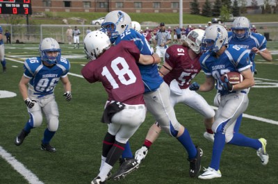 Jonathan Landry picks up the blocked punt and turns it into a first down