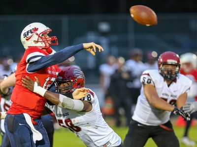 Simon Fraser University - Azusa Pacific University GNAC NCAA football at Swangard Stadium, Burnaby B.C. September 19 2015. Photo: Ron Hole