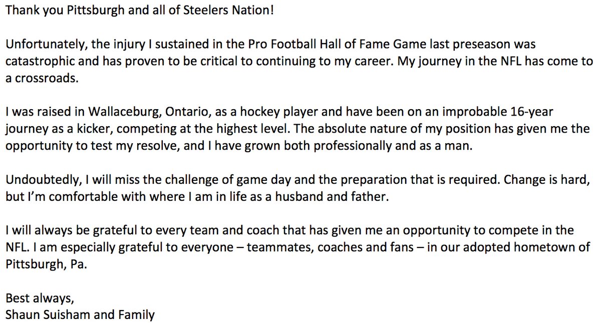 Shaun Suisham Statement