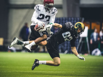 Dondre Wright DB  and Mitchell Picton WR (Regina) during the 2017 CFL combine in Regina, SK., Saturday, March 25, 2017. (Photo: Johany Jutras)