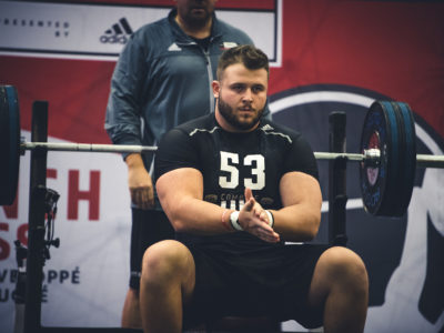 Jean-Simon Roy competing in the Bench Press at the CFL Combine presented by adidas. Photo credit: Johany Jutras/CFL