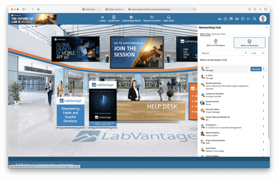 Screenshot of Chati client virtual event. LabVantage IoT 2025 networking hub