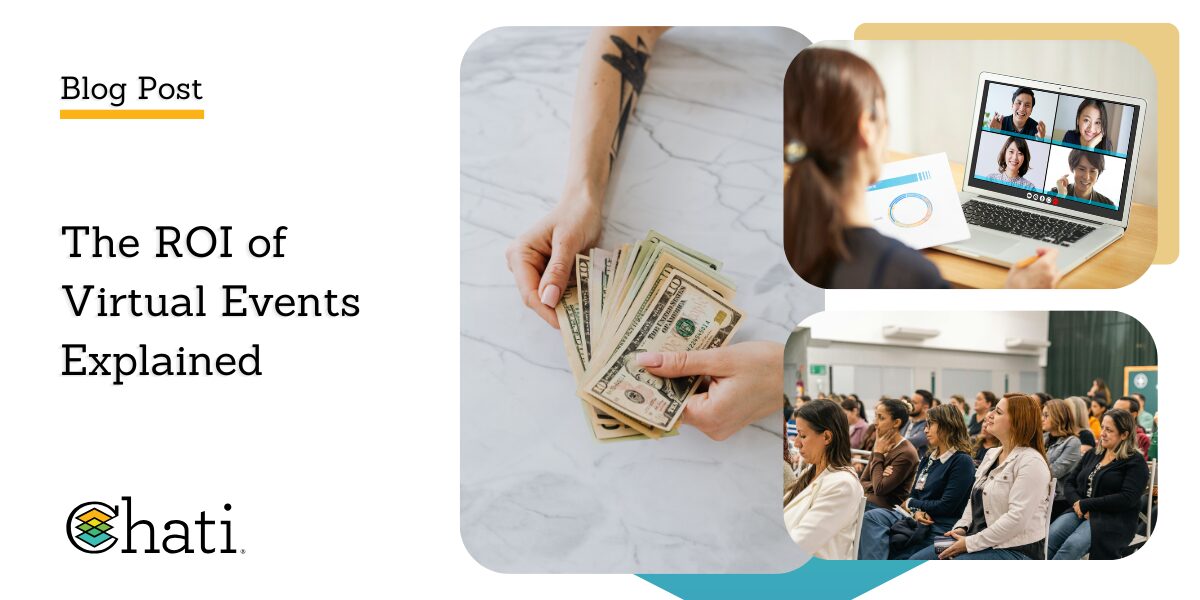 Graphic for a Chati blog post centered around virtual events titled The ROI of Virtual Events Explained
