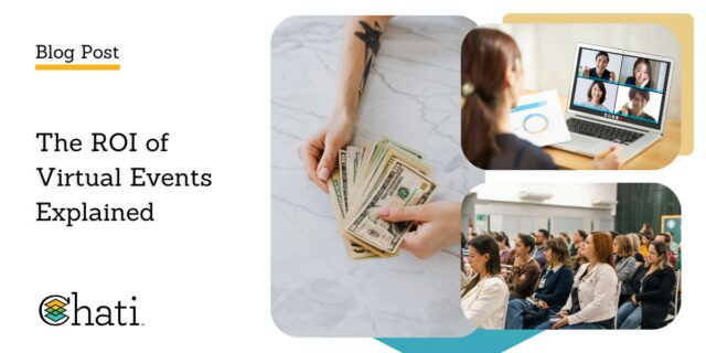 Graphic for a Chati blog post centered around virtual events titled The ROI of Virtual Events Explained