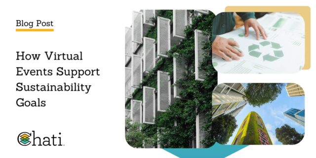 Graphic for a Chati blog post centered around virtual events titled How Virtual Events Support Sustainability Goals