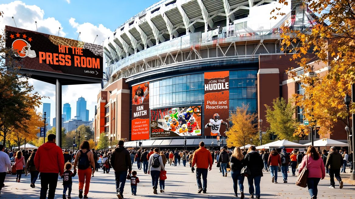 Graphic showing a custom branded lobby in a Chati Virtual Event for a Football team. Chati supports virtual events for Sports