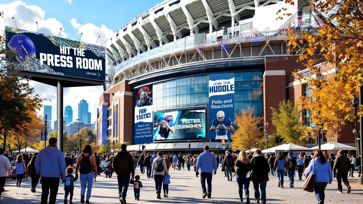 Graphic showing a custom branded lobby in a Chati Virtual Event for a Football team. Chati supports virtual events for Sports