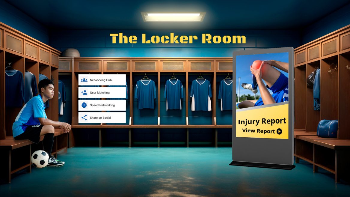 Graphic showing a locker room within a Chati Virtual Event and how Chati features can be used for Sporting Events