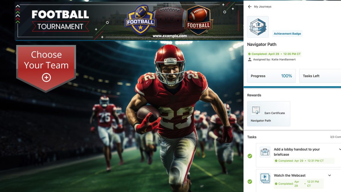 Graphic for Chati virtual events for sports. Depicting a user journey and how it can be modified for sport related events.